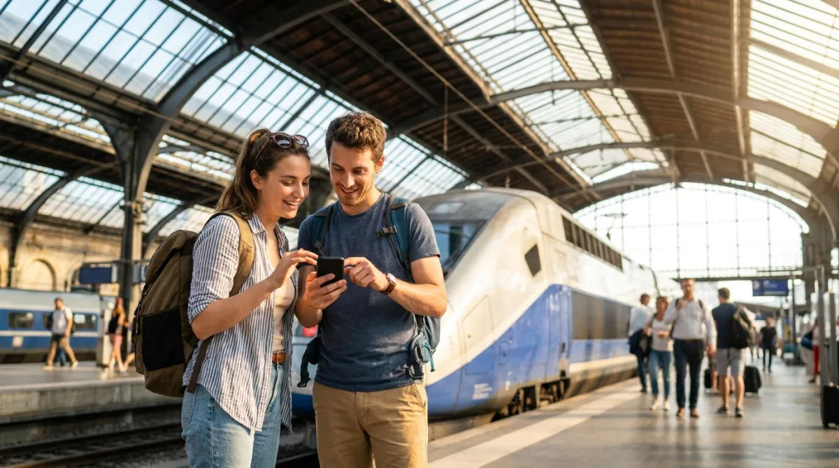 Një çift i ri duke kontrolluar telefonin në platformën e një stacioni treni në Europë, me një tren të shpejtë pas tyre, gati për udhëtim me eSIM
