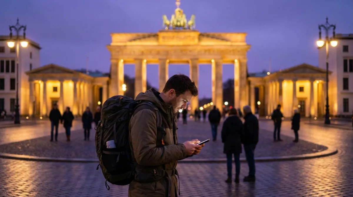 Udhëtar me çantë shpine duke kontrolluar pakon eSIM për Gjermani në telefon para Portës së Brandenburgut në Berlin në muzg