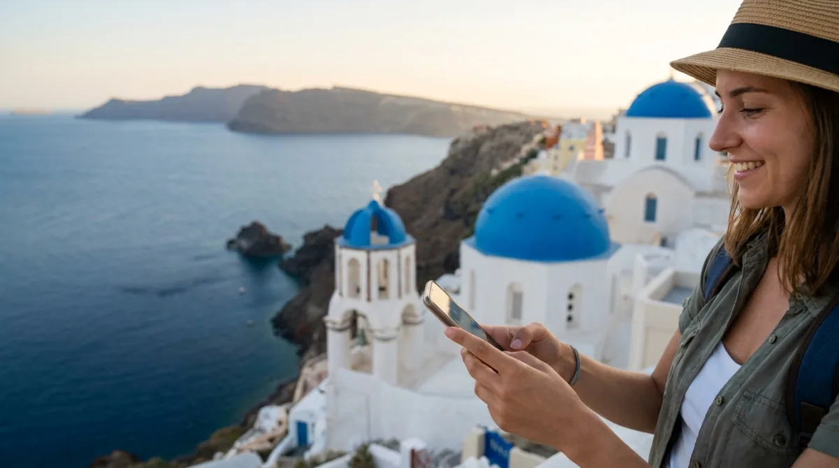 Vajzë e re duke fotografuar kupolat blu të Oia-s në Santorini me telefon në perëndim të diellit, e lidhur në internet në Greqi me eSIM