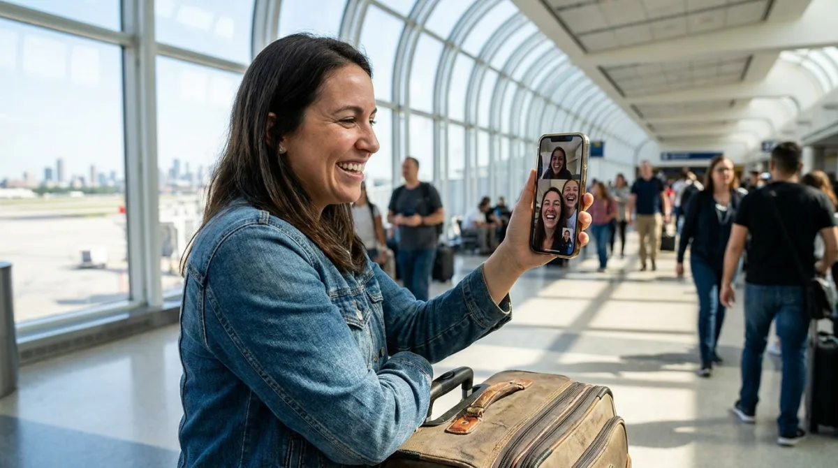 Udhëtar me valixhe duke bërë videotelefonatë me familjen në sallën e ardhjeve të një aeroporti amerikan