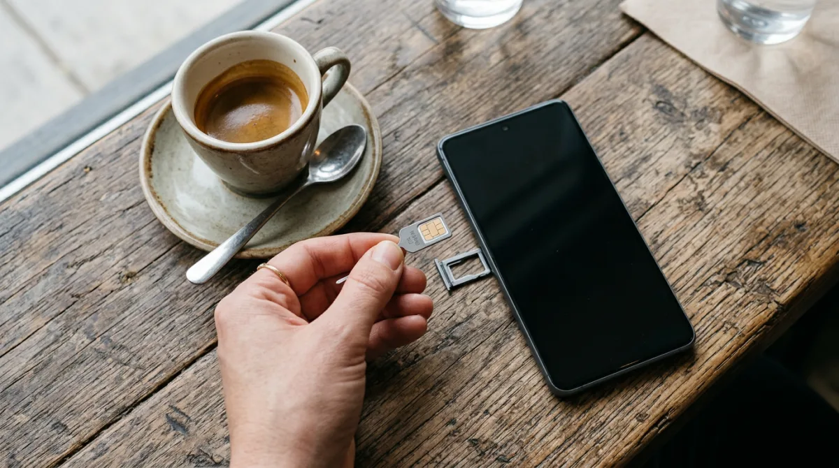 Pamje nga lart e një dore që mban tabakanë e SIM-it me një nano-SIM mbi një smartphone në tavolinë druri kafeneje, krahasim eSIM kundrejt SIM fizike për udhëtim