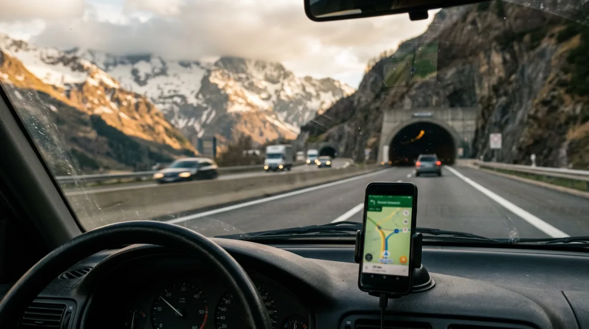 Pamje nga kabina e veturës duke vozitur në një autostradë alpine evropiane drejt një tuneli malor, me telefonin në mbajtëse, afër kufirit zviceran ku ndalon roamingu i BE-së