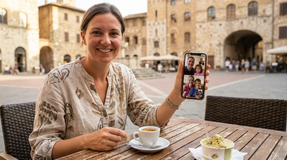 Grua e buzëqeshur në një kafene në një piazza italiane me diell, duke bërë video-thirrje me familjen nga telefoni gjatë udhëtimit në Europë