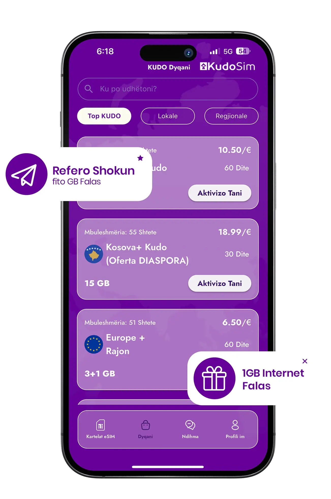 Aplikacioni Kudo eSIM, fito 1 GB internet falas