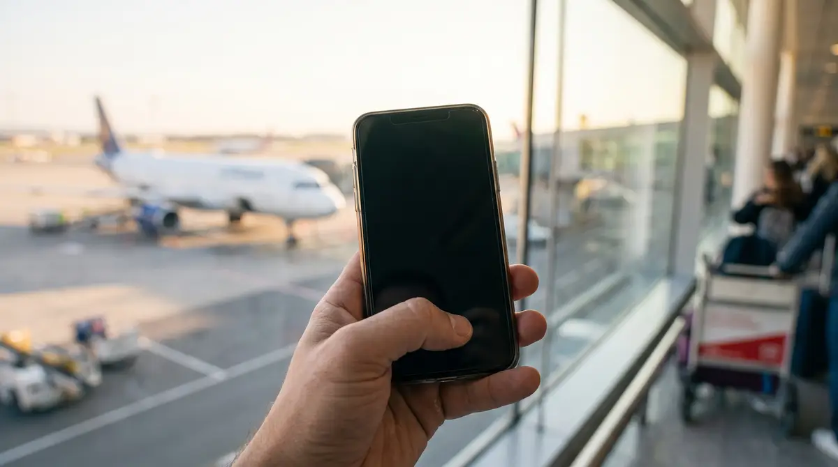 Dorë që mban telefon me ekran të errët para dritares së një porte aeroporti me avion jashtë