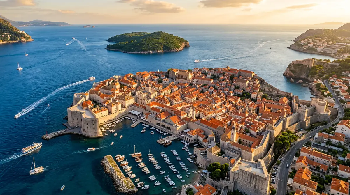 Pamje ajrore e Qytetit të Vjetër të Dubrovnikut në perëndim me çati të kuqe brenda mureve mesjetare mbi Adriatikun blu