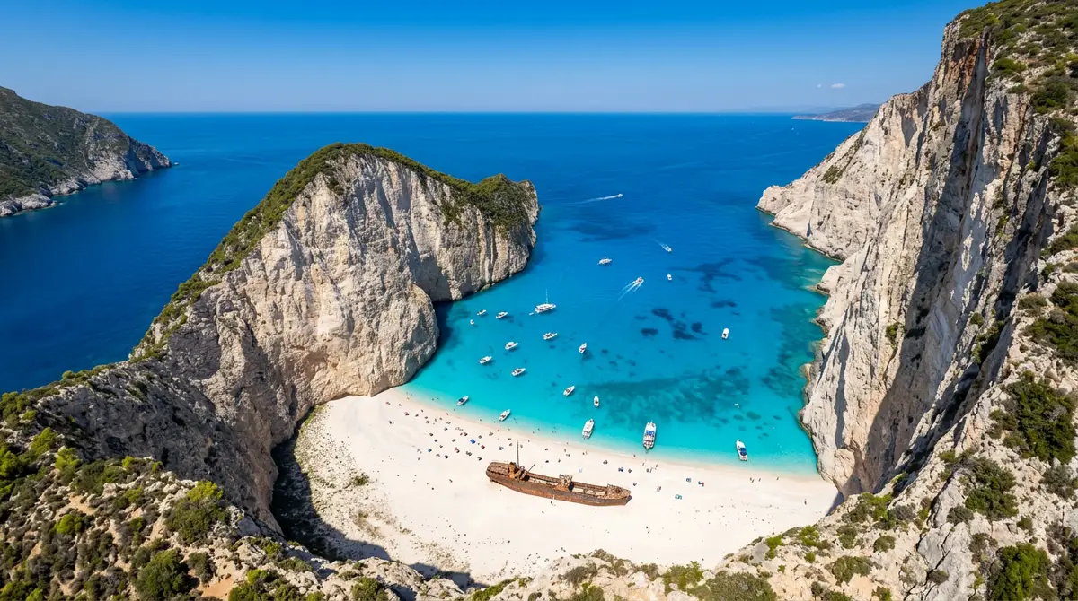 Pamje ajrore e plazhit Navagio në Zakynthos me ujë turkez dhe shkëmbinj të bardhë në një ditë të kthjellët vere në Greqi
