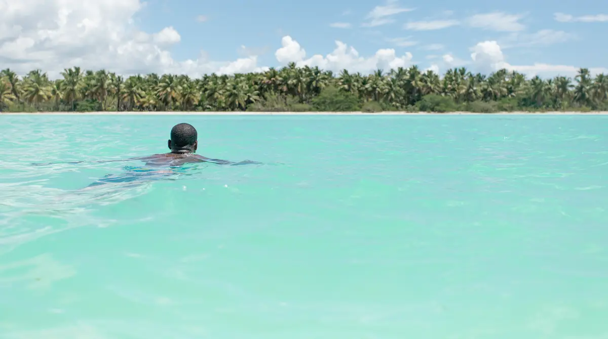Swimmer in shallow turquoise water off the palm-lined shore of Saona island