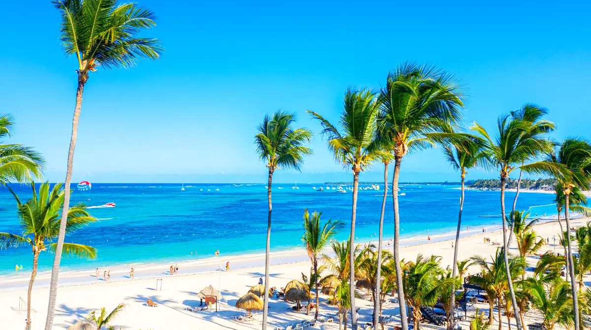 Coconut palms leaning over white sand and turquoise water at Bavaro beach, Punta Cana