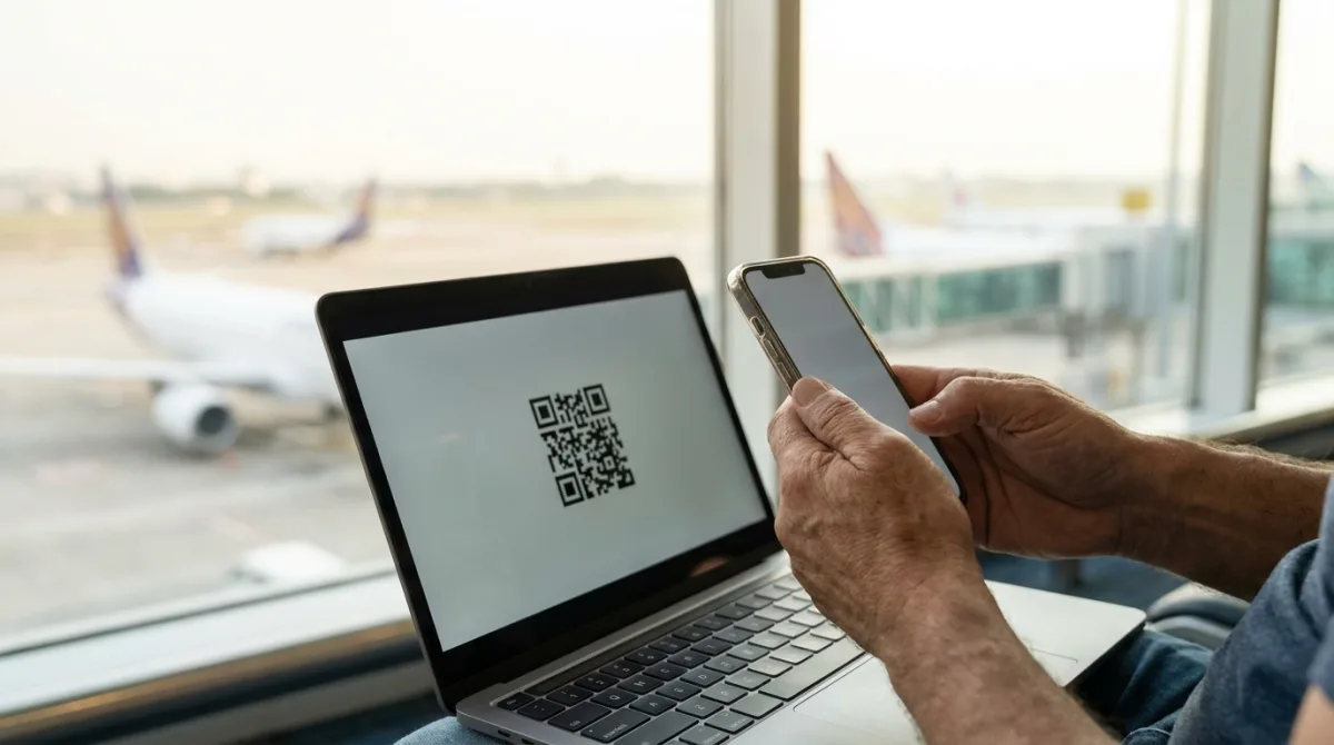 Duar që mbajnë një smartphone duke skanuar kodin QR të eSIM nga ekrani i laptopit te porta e aeroportit para nisjes jashtë vendit